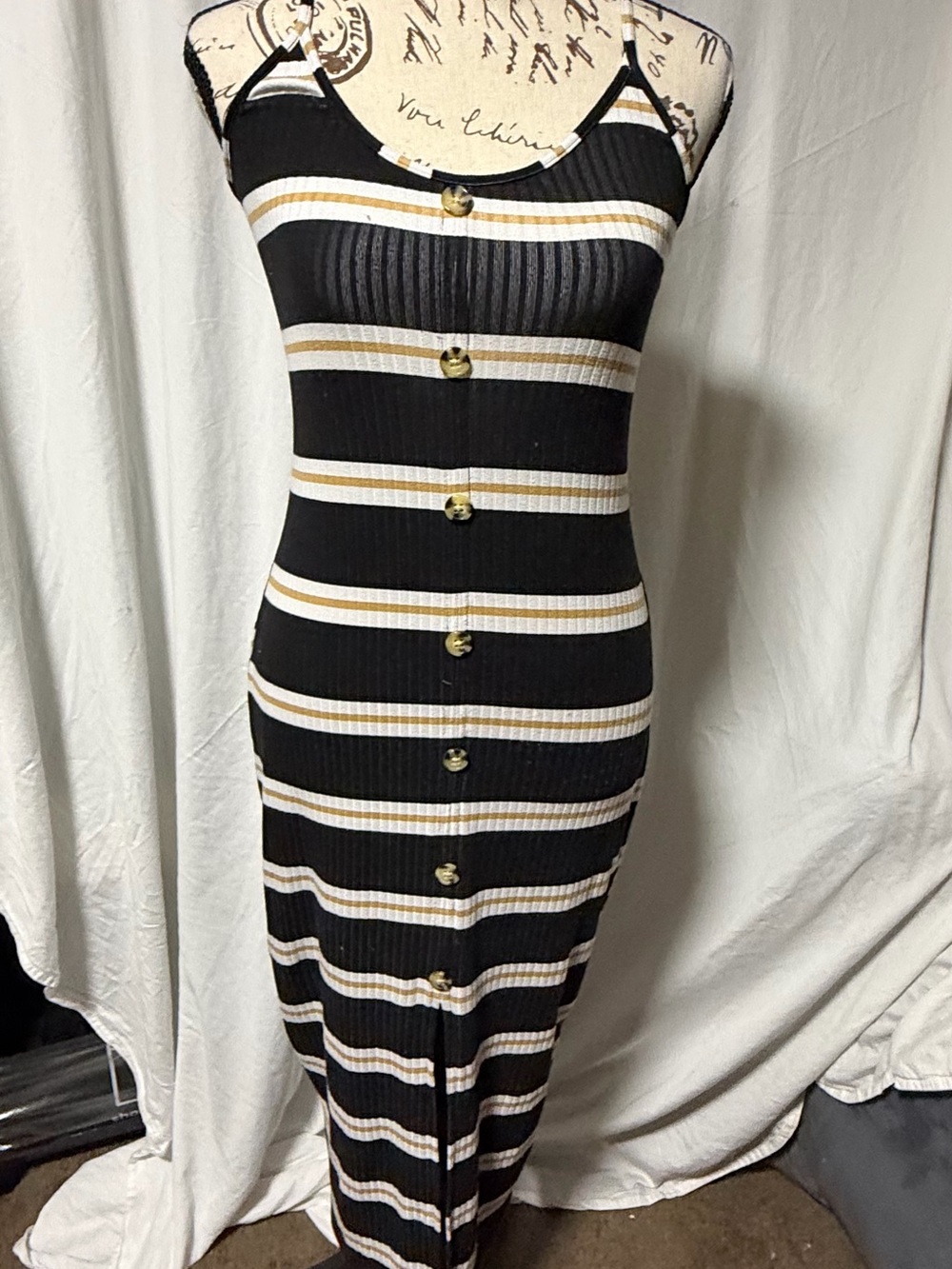 Striped Black and White Button-Front Midi Dress
